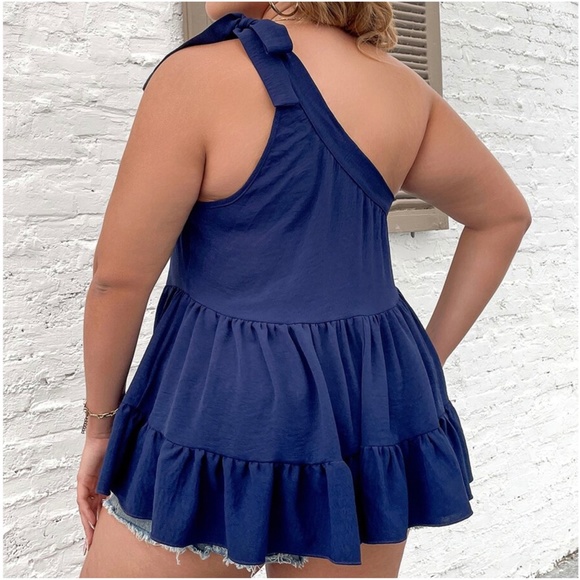 Plus Navy Blue One Shoulder Ruffle Blouse - Picture 4 of 4